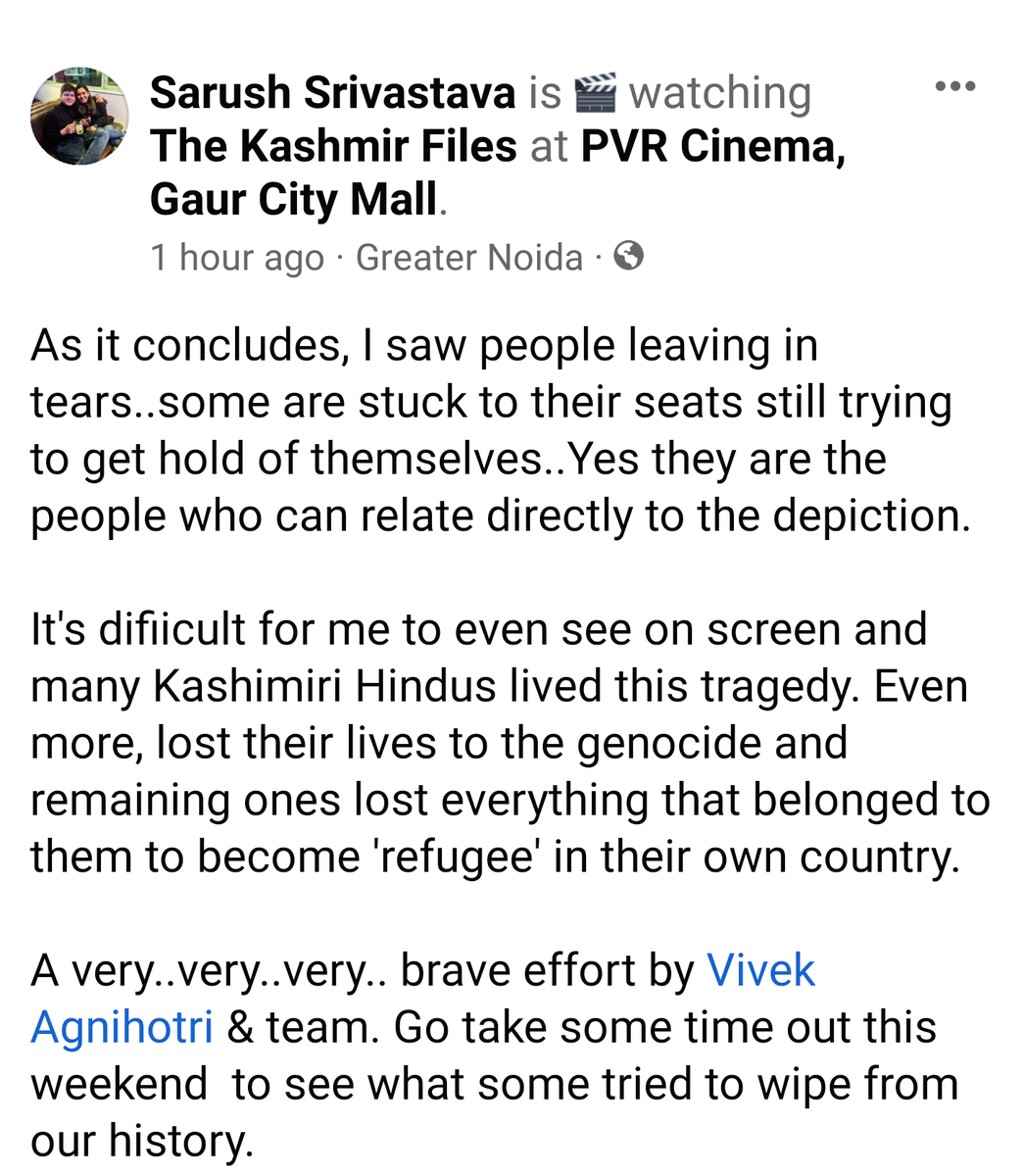 SarushS's tweet photo. As #TheKashmirFiles concludes, I saw people leaving in tears, some are stuck to their seats still trying to get hold of themselves.

A very..very..very.. brave effort by @vivekagnihotri  &amp; team. Go take some time out to see what some tried to wipe from our history. https://t.co/ILk0FTWwoR