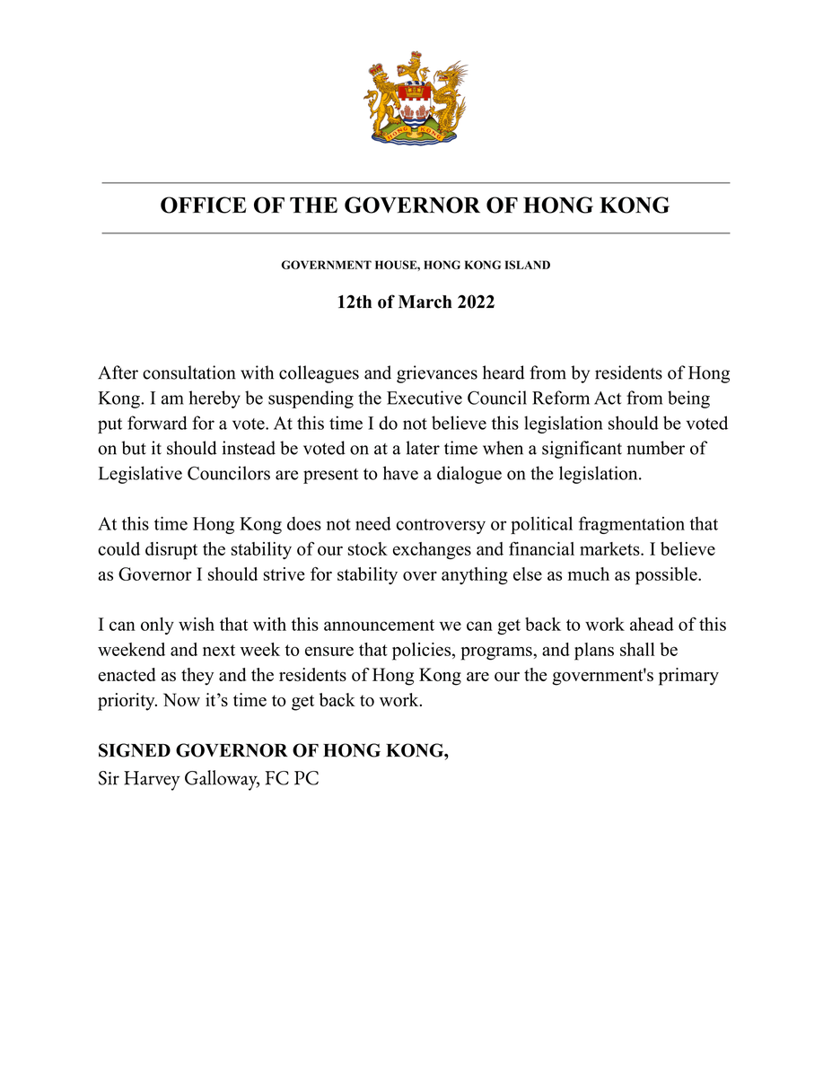 Statement regarding the Executive Council Reformation Act.