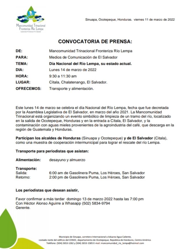 La mancomunidad Trinacional Fronteriza Río Lempa invita este Lunes 14 a los medios de comunicación de #ElSalvador a participar en #ConferenciaDePrensa con los alcaldes de #Ocotepeque Honduras y #Citala El Salvador.

#RescatemosElLempa #DíaDelLempa #ElSalvador #Guatemala #Honduras