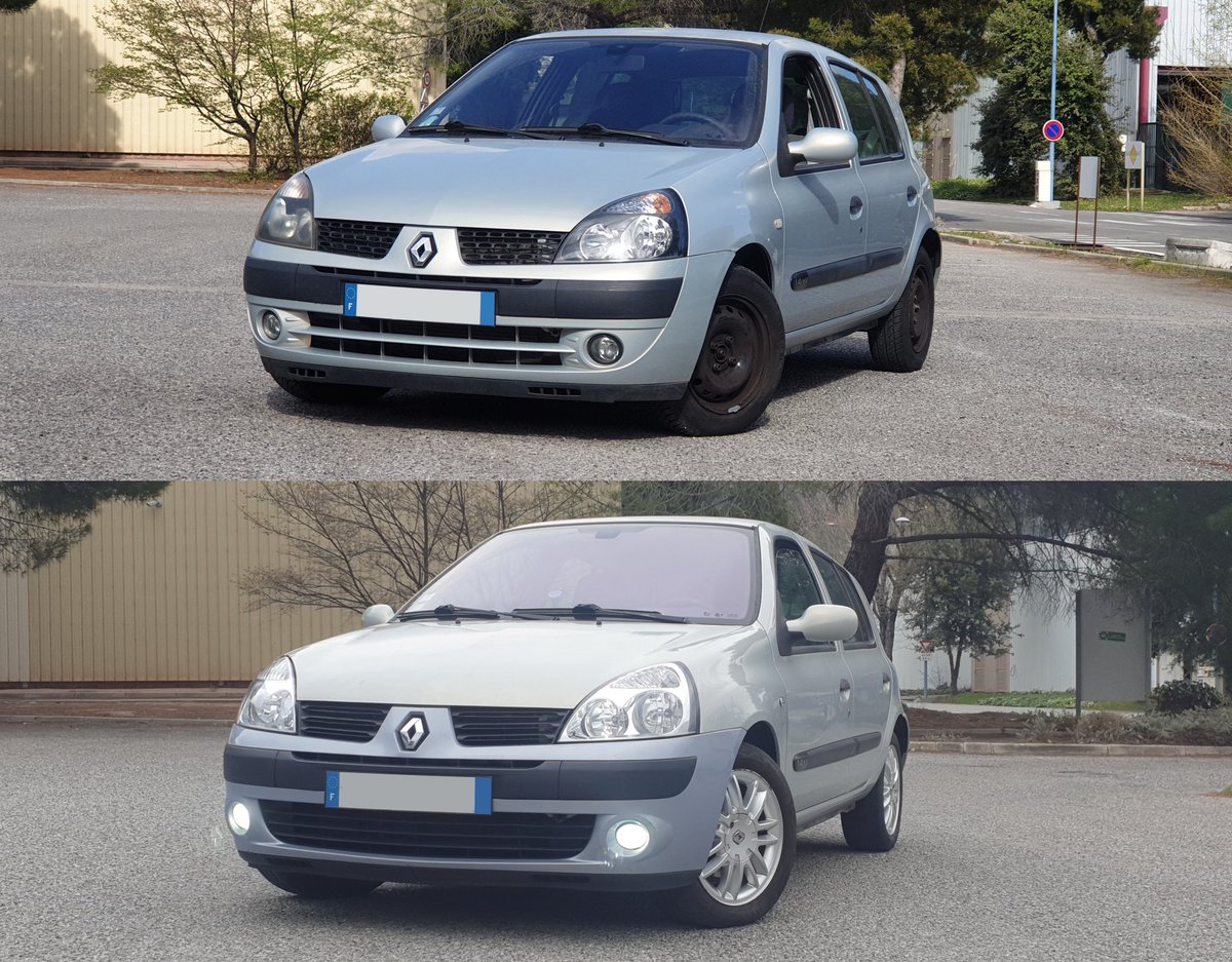 Nat2jz's tweet photo. And there is it ! It finally arrived after 2 weeks, new set of rims for the Clio 😁
Already mounted and fitted, they actually give a completely new look, with a little comparaison of when I got it 1.y ago vs now 👀
#Renault #Clio2 #hatchback #car https://t.co/8VYtTMDG7T