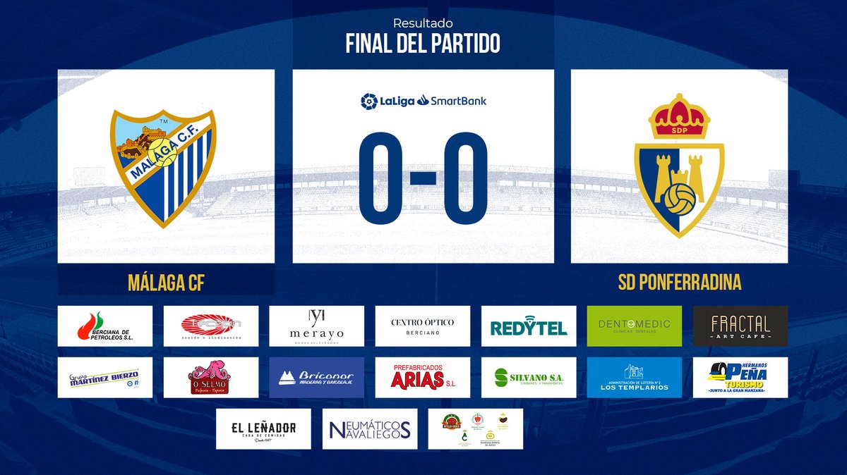 SDP_1922's tweet photo. Final del partido en La Rosaleda. La Deportiva consigue un nuevo punto a domicilio y suma ya 50 puntos en #LaLiga. #Seguimos
#MálagaPonferradina
#Adelanteyarriba
#100añosDeportiva https://t.co/lJhiH3iZTu