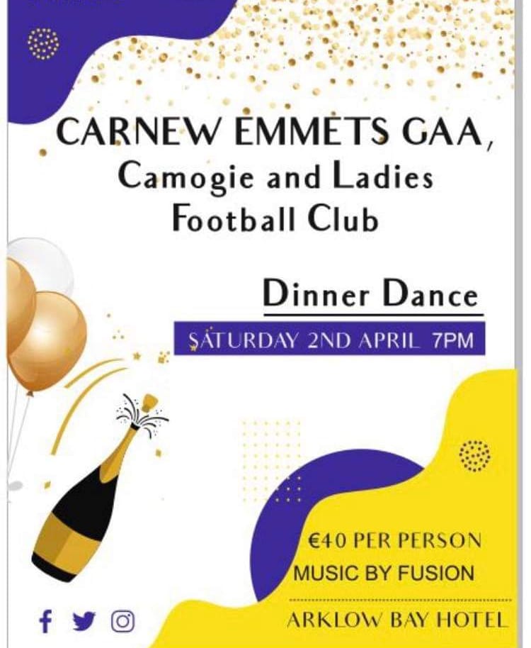 CarnewCamogie's tweet photo. Counting down the days to the Dinner Dance ππΊ
Have you got your tickets?
#dinnerdance #clubfunction #carnewemmets #wicklow #Countychamps2021 #Medals #Dancing https://t.co/kAx3fnDcR4