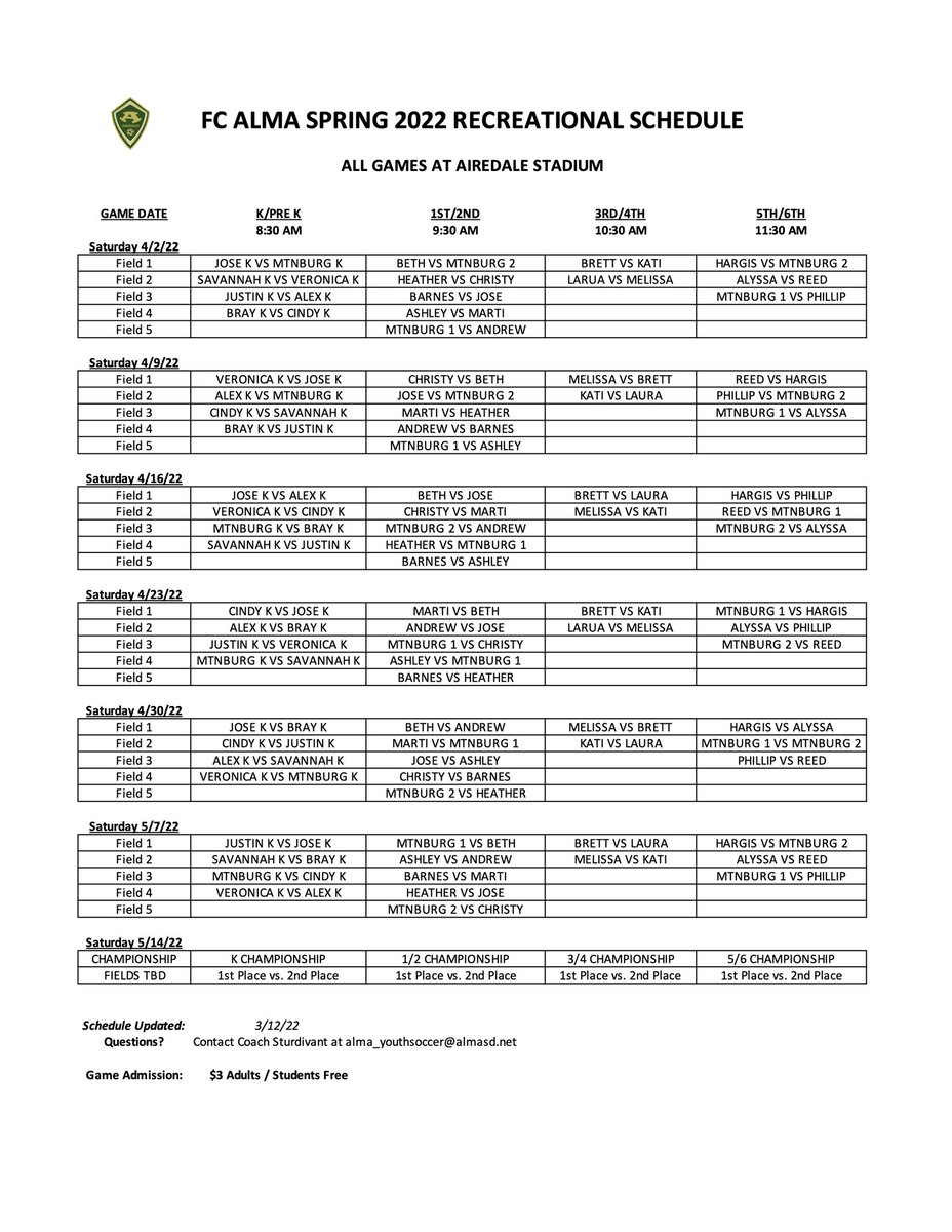 AlmaSoccerClub's tweet photo. 2022 Recreational Soccer Schedule!
Printable link: https://t.co/CyRyOOLutj
@AiredaleSoccer @AlmaSchools
#FCAlma #only1Airedale https://t.co/qDfsLXieJO
