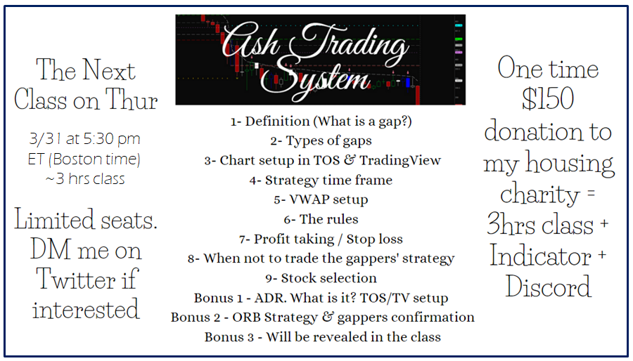 >50 inquiries today about the next Ash Trading System live class. Let's do one more. The next class will be on Thursday 3/31 at 5:30pm. Limited number of seats. DM me to register for this class. No class in April. Learn &amp; Smile 😀 tweets will return after 100 likes/retweets 😀