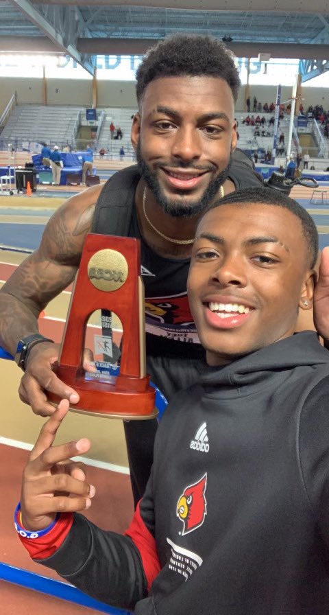 OMHSTrack's tweet photo. Nice moment for these brothers! ❤️💙🦅 Current OM jumper Mitch Allen got to cheer his brother, and OM alum, Trey Allen on at the NCAA finals! Trey finished 8th with a big PB!! #goom #team #family @MittyJumpz @omhsprincipals @UofLTrackXC https://t.co/wn5xGcx319