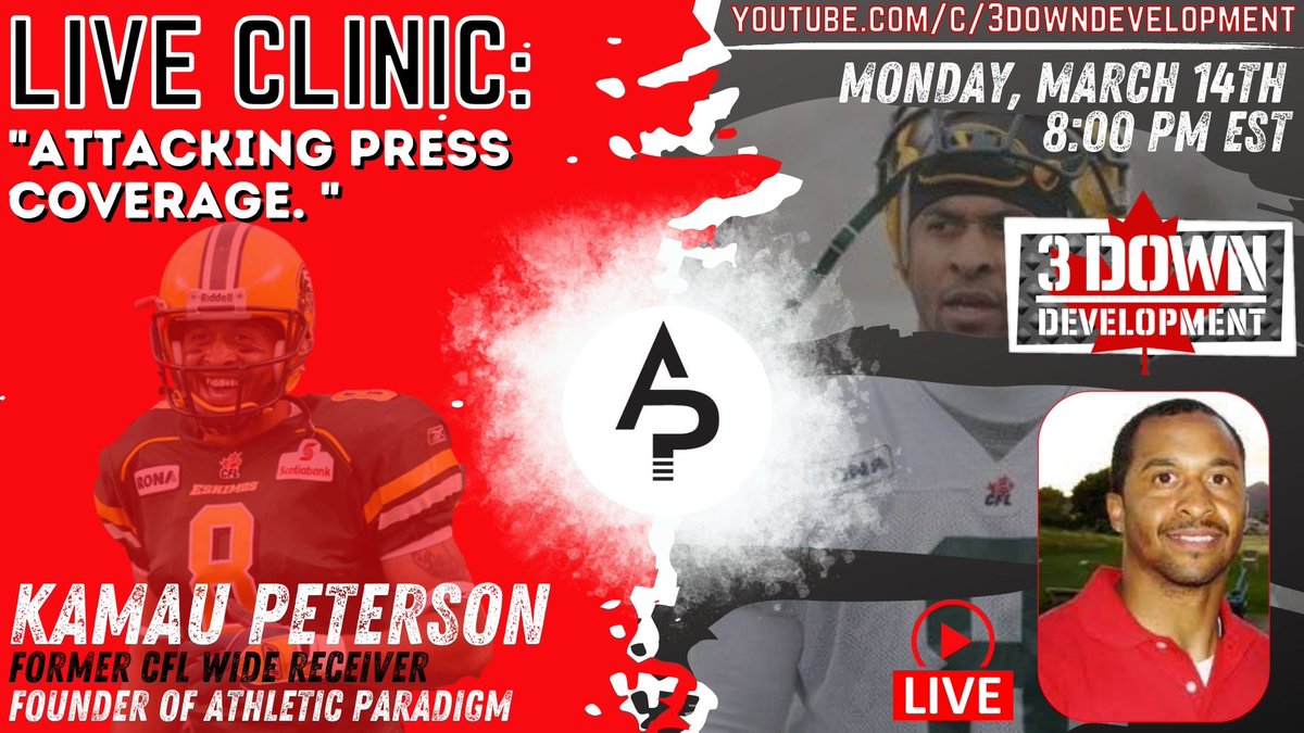 3DownDevelopment (@3downdev) on Twitter photo 🚨HUGE WEEK OF CLINIC COMING UP🚨
"ATTACKING Press Coverage" featuring <a href="/Ath_Paradigm/">Athletic Paradigm</a> founder & retired <a href="/CFL/">CFL</a> GREAT <a href="/CoachKamaup/">Kamau Peterson</a> coming to you LIVE:
💻youtube.com/c/3downdevelop…
🗓️Monday Mar 14th
⏰8⃣:0⃣0⃣pm EST 🚨HUGE WEEK OF CLINIC COMING UP🚨
"ATTACKING Press Coverage" featuring <a href="/Ath_Paradigm/">Athletic Paradigm</a> founder & retired <a href="/CFL/">CFL</a> GREAT <a href="/CoachKamaup/">Kamau Peterson</a> coming to you LIVE:
💻youtube.com/c/3downdevelop…
🗓️Monday Mar 14th
⏰8⃣:0⃣0⃣pm EST