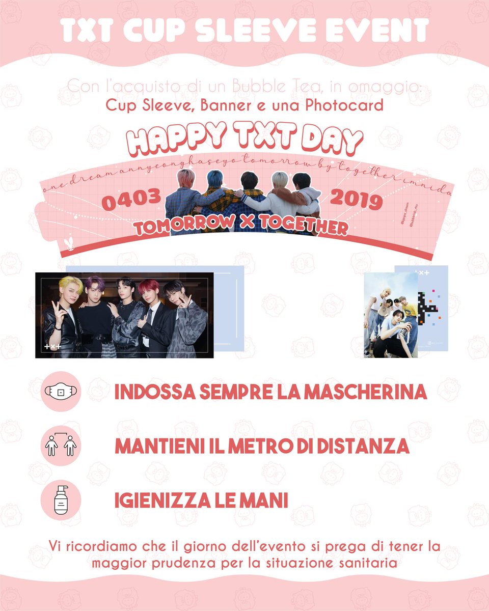 Kpops_Dream's tweet photo. 💙 EVENTO TXT 💙

📍Via Giacomo Matteotti 60, Rho (Mi)

🗓 Sabato 19 Marzo e Domenica 20 Marzo dalle 15:00 alle 18:30

🎁 Con l'acquisto di un BUBBLE TEA in omaggio un Cup Sleeve personalizzato per l'evento, un banner e una photocard.

#TXT #txtevent #kpopevent #kpopeventitaly https://t.co/58M9UIktIX