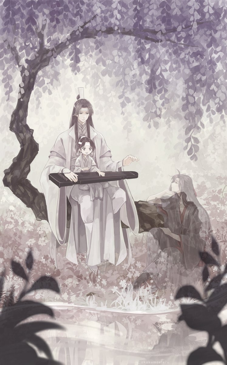 multiple boys 2boys sitting long hair instrument flower chinese clothes  illustration images