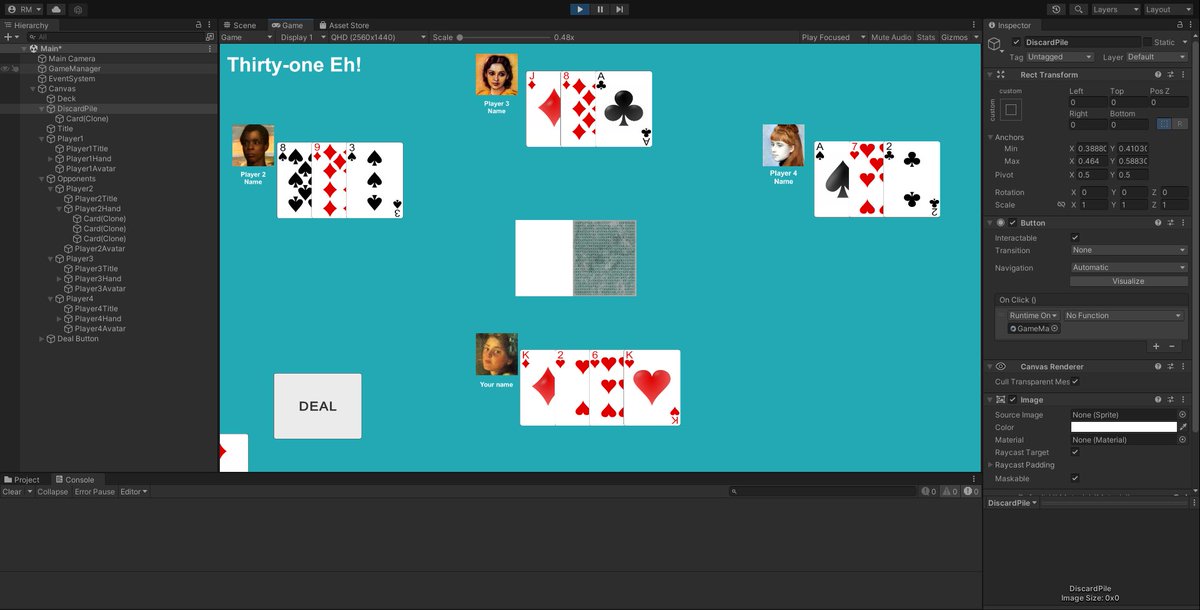 RyannMcCorkell's tweet photo. Not the most exciting screenshot for a card game I am making for the #SlowJamWinnipeg. My discard keeps landing in the bottom left corner of the canvas instead of the discard pile it's parented to *shakes fist* It'll be obvious later I'm sure. #ScreenshotSaturday https://t.co/PKn7HDhe6c