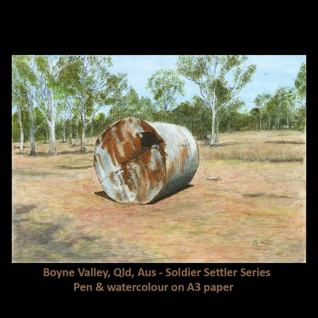 AnneHuthArtist's tweet photo. Boyne Valley, Qld , Aus. Centenary celebrations to be held at Ubobo over the ANZAC Day long weekend, 2022.

#annehuth #penandwatercolour #australianartist #soldiersettlement #boynevalleyqld https://t.co/Uxjvr9O5rN https://t.co/i9f4W5HLl0