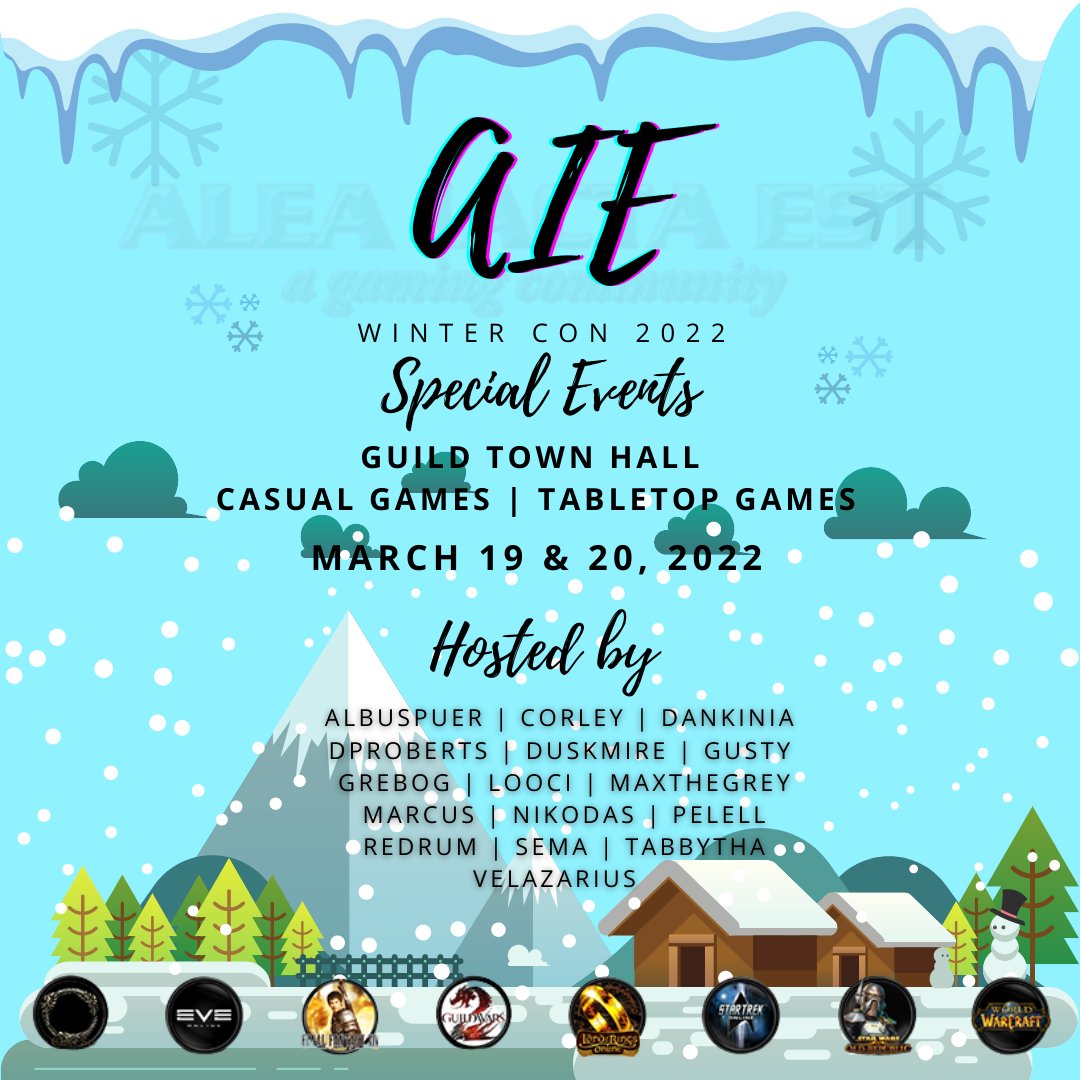 Hey #AIEGuild... next weekend is our second ever virtual 'con'. Winter Con 2022 will be packed with a town hall, casual online games, tabletop and D&amp;D sessions, and more. Block out the dates and watch for the sign-up sheets in the next day or so!