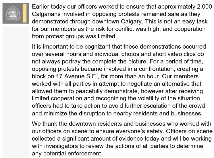 Please read our statement in response to today's protest in downtown #yyc.