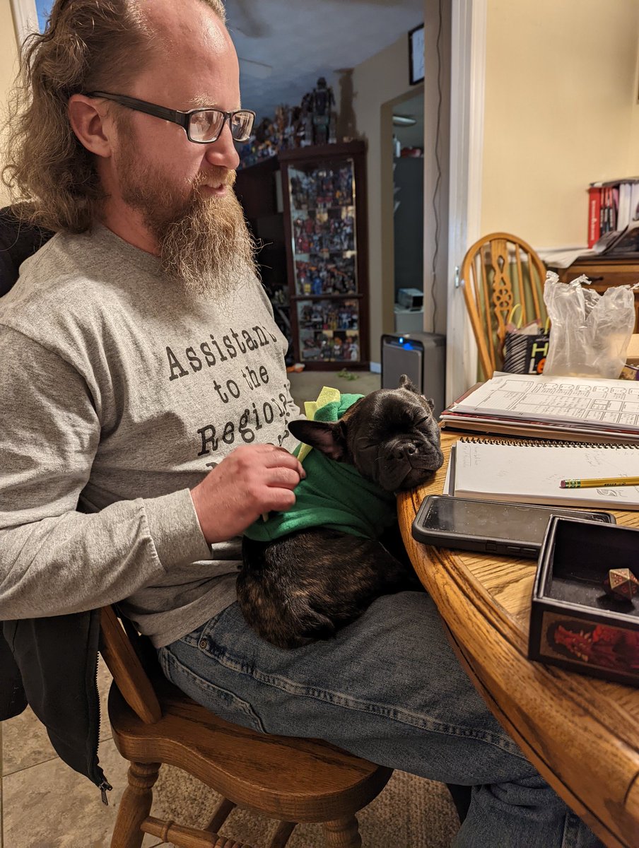sheal_t's tweet photo. It's that time again. DnD with Dad @NaMo9o5 #DnDTime #SirSquishFace #Frenchie #AdvantageOnCuteness https://t.co/uFQOx7unGZ