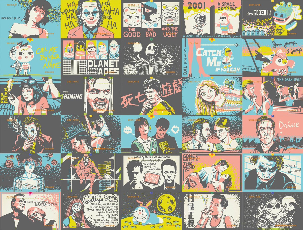 sukie_lo's tweet photo. {movie collection} 
All the film-related bb art I drew so far🎬🎞📽
#あつ森 #acnh 
#movie #film #painting #drawing https://t.co/pZ5a0KyoxA