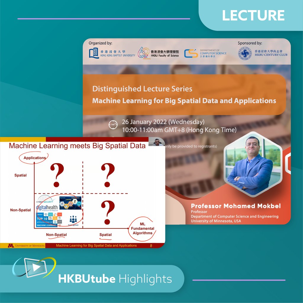 hkbulibdmss's tweet image. [𝗛𝗞𝗕𝗨𝘁𝘂𝗯𝗲 𝗛𝗶𝗴𝗵𝗹𝗶𝗴𝗵𝘁𝘀 ⭐]⁠
Machine Learning for Big Spatial Data and Applications
Dept. of Computer Science, HKBU
Speaker: Prof. Mohamed Mokbel

bit.ly/371q7mi

#hkbu #hkbulibrary #HKBUtube #onlinetalk #datascientist #datascience #computerscience
