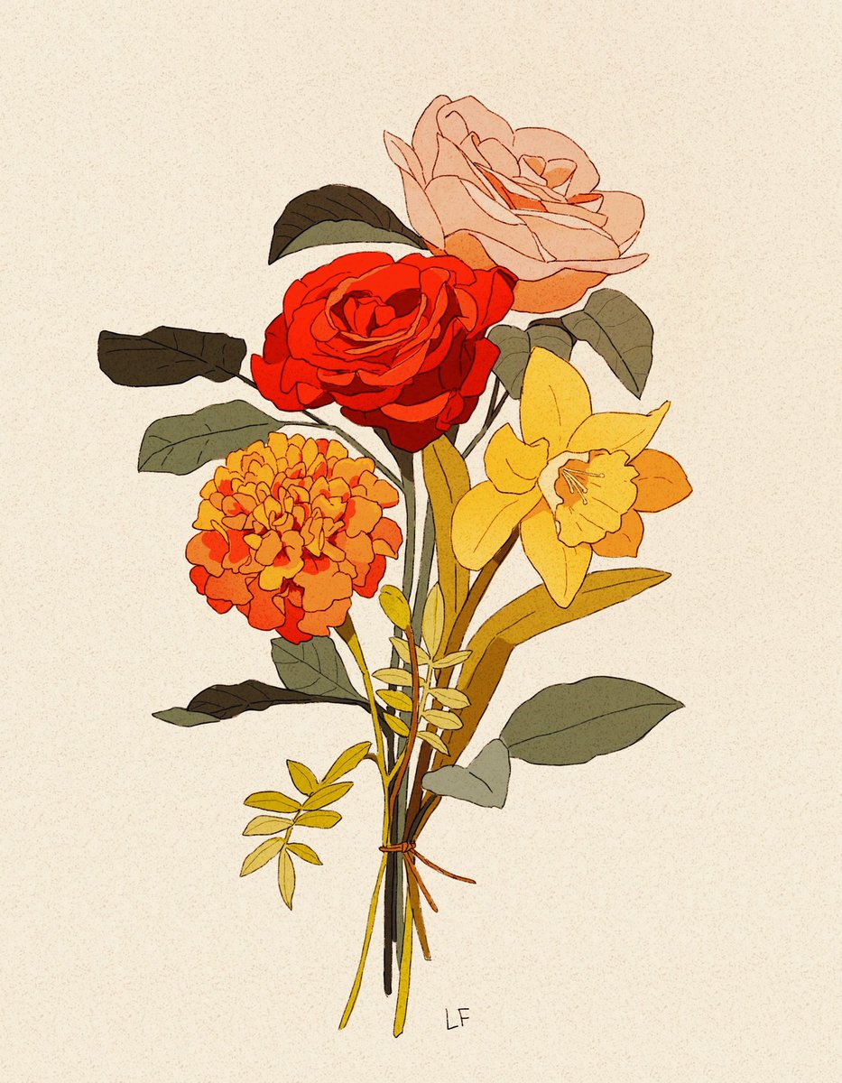 LibbyFrame's tweet photo. Roses, daffodil, and and marigold commish https://t.co/6DDKTsgmp7