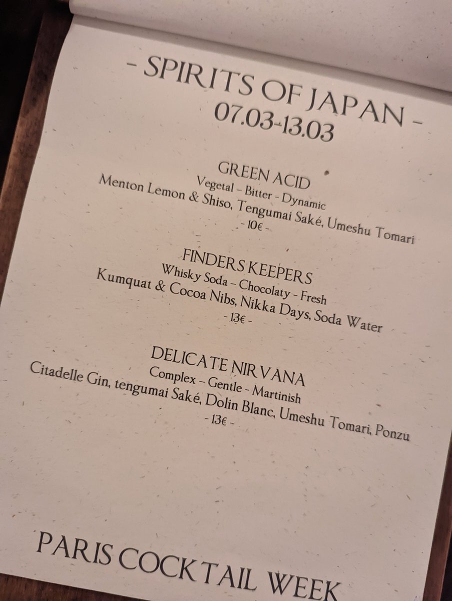 HRK165415's tweet photo. 2年ぶりのパリカクテルウィークが、日本フューチャーだったので行ってきたよ🍸✨✨ポン酢を使ったカクテルとか、日本にあるんかな??美味しかったよ!! #パリ #pariscocktailweek https://t.co/Gh4O5ThLav