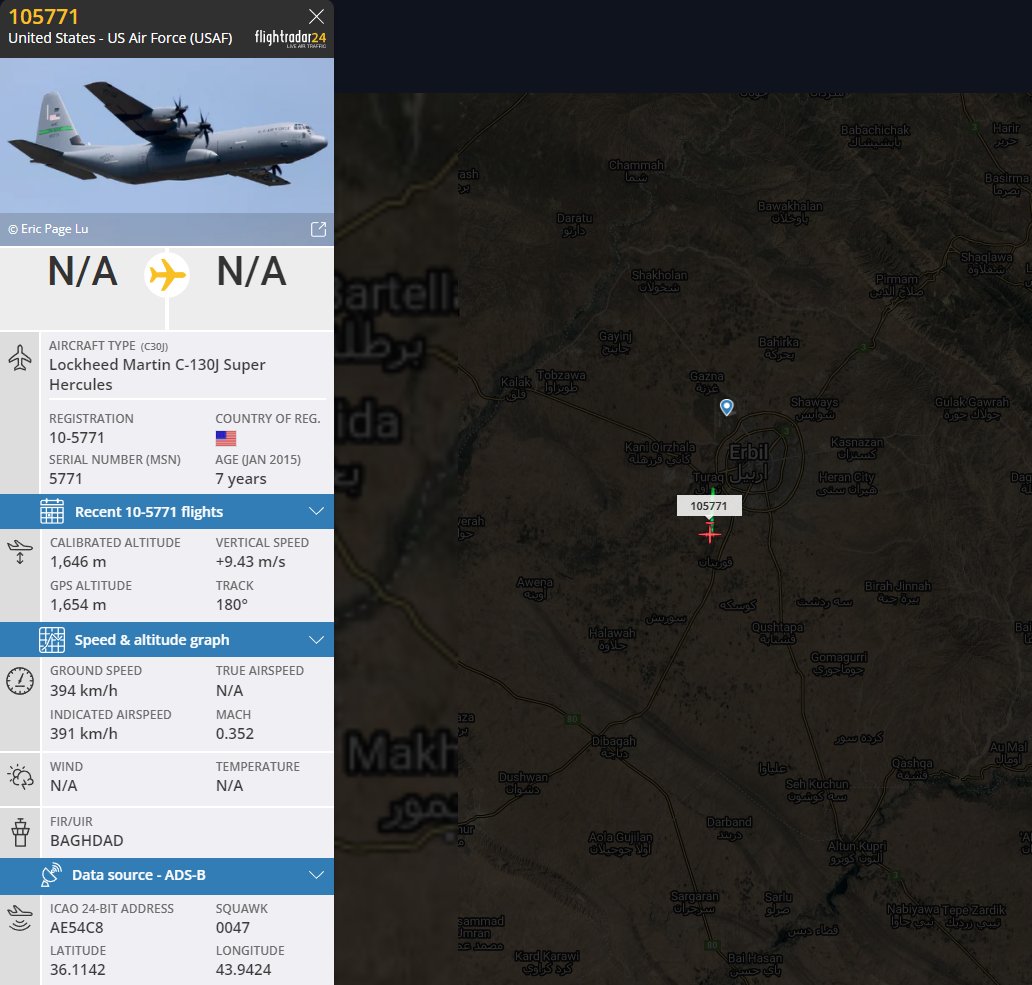 Nimras__'s tweet photo. ๐บ๐ธ USAF C-130J Super Hercules leaves #Erbil, #Iraq after the missile attack.
#ADSB #AE54C8 https://t.co/JuWmHDLpg9