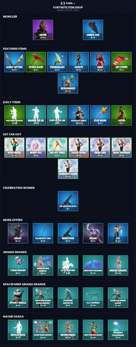 LeaksNewsShop's tweet photo. #Fortnite Item Shop for March 13th 2022 https://t.co/D3QJnIn0YV