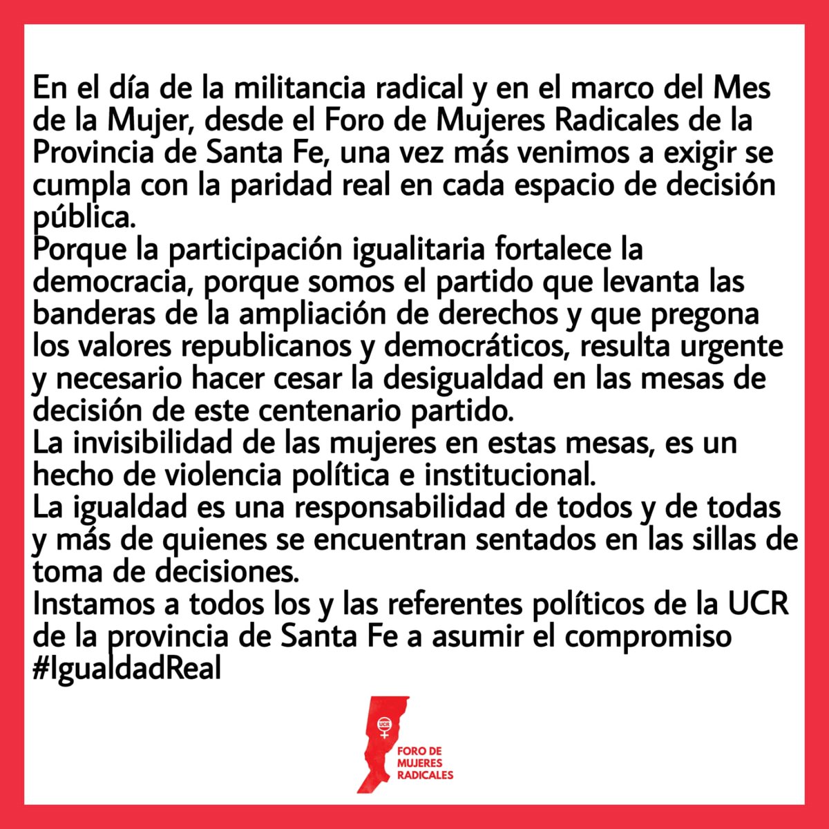 ucrmujeresstafe's tweet photo. En el día de la militancia radical y en el marco del Mes de la Mujer, desde el Foro de Mujeres Radicales de la Provincia de Santa Fe, una vez más venimos a exigir se cumpla con la paridad real en cada espacio de decisión pública. https://t.co/HugW1mNy8o