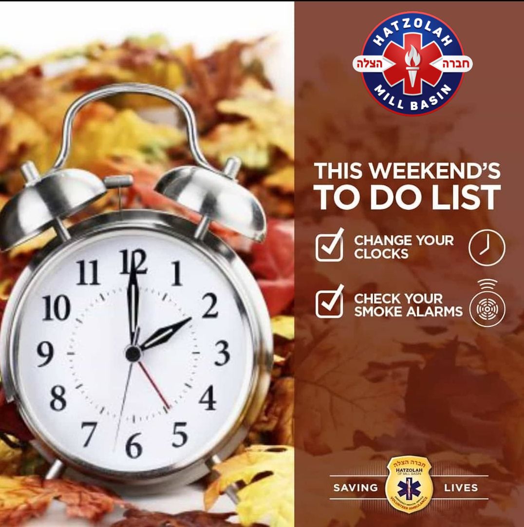 HatzolahMB's tweet photo. As we change our clocks an hour ahead tonight, Hatzolah reminds you to change your smoke alarm batteries as well.

Working smoke alarms save lives! https://t.co/btKPZc0WgC