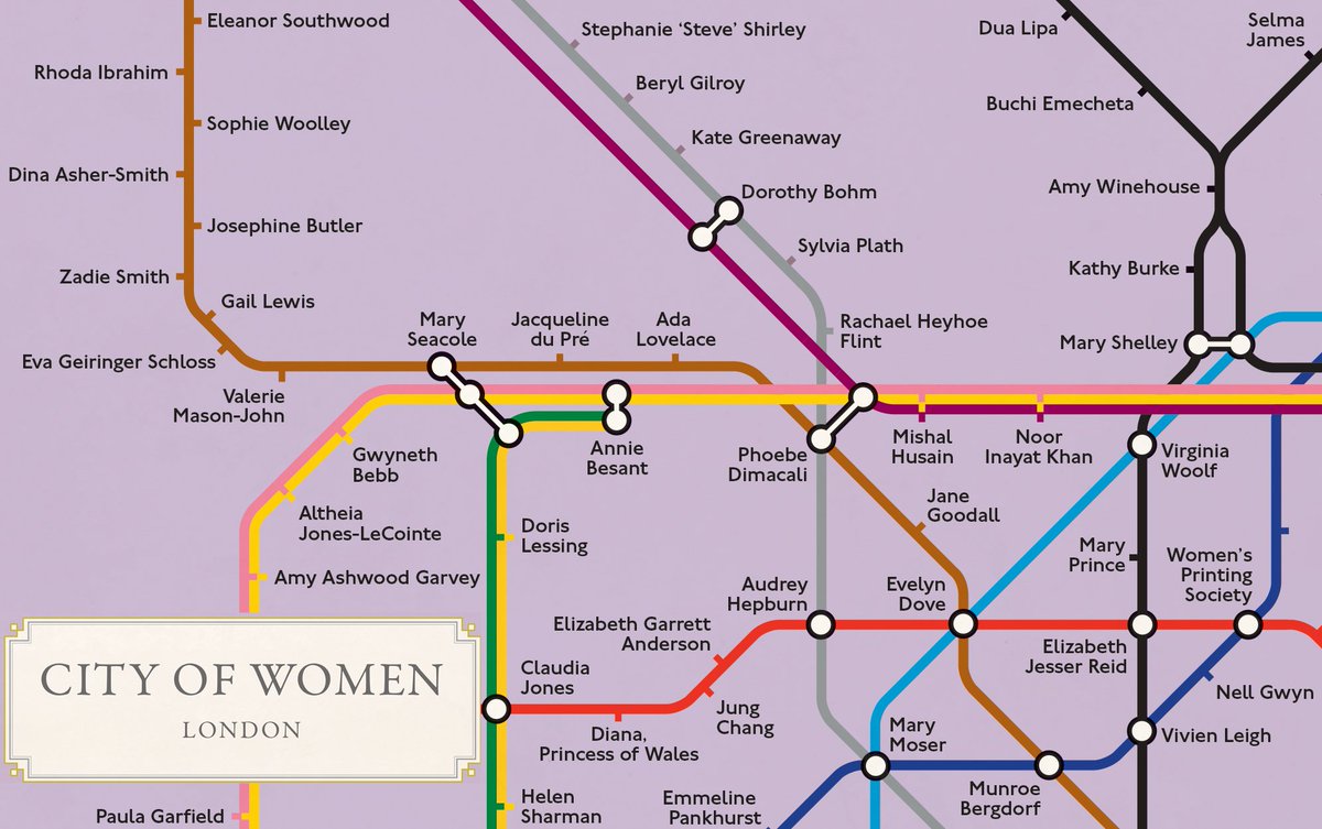 Get on at Virginia Woolf, mind the gap at Audrey Hepburn, change at Claudia Jones & get off at Boudica! 

Now you can, with the new #CityofWomen #London Map, as it makes us to reimagine the #TubeMap with the lives of women and non-binary people.  #IWD22  cityofwomenlondon.org