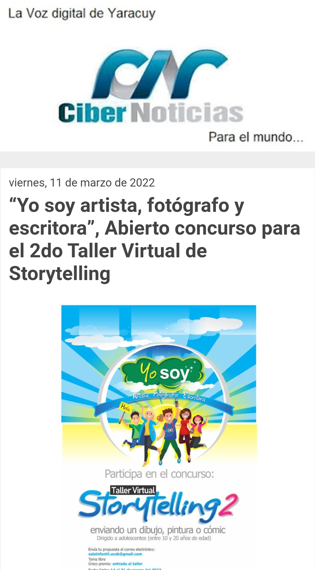 promotion insert tire CibernoticiasLaVozDigitalDeYaracuy on Twitter: "VIERNES, 11 DE MARZO DE 2022 “Yo soy artista, fotógrafo y escritora”, Abierto concurso para el 2do Taller Virtual de Storytelling https://t.co/TAh7cxDf54 https://t.co/wFw3x9UlDM" / Twitter promotion insert tire CibernoticiasLaVozDigitalDeYaracuy on Twitter: "VIERNES, 11 DE MARZO DE 2022 “Yo soy artista, fotógrafo y escritora”, Abierto concurso para el 2do Taller Virtual de Storytelling https://t.co/TAh7cxDf54 https://t.co/wFw3x9UlDM" / Twitter