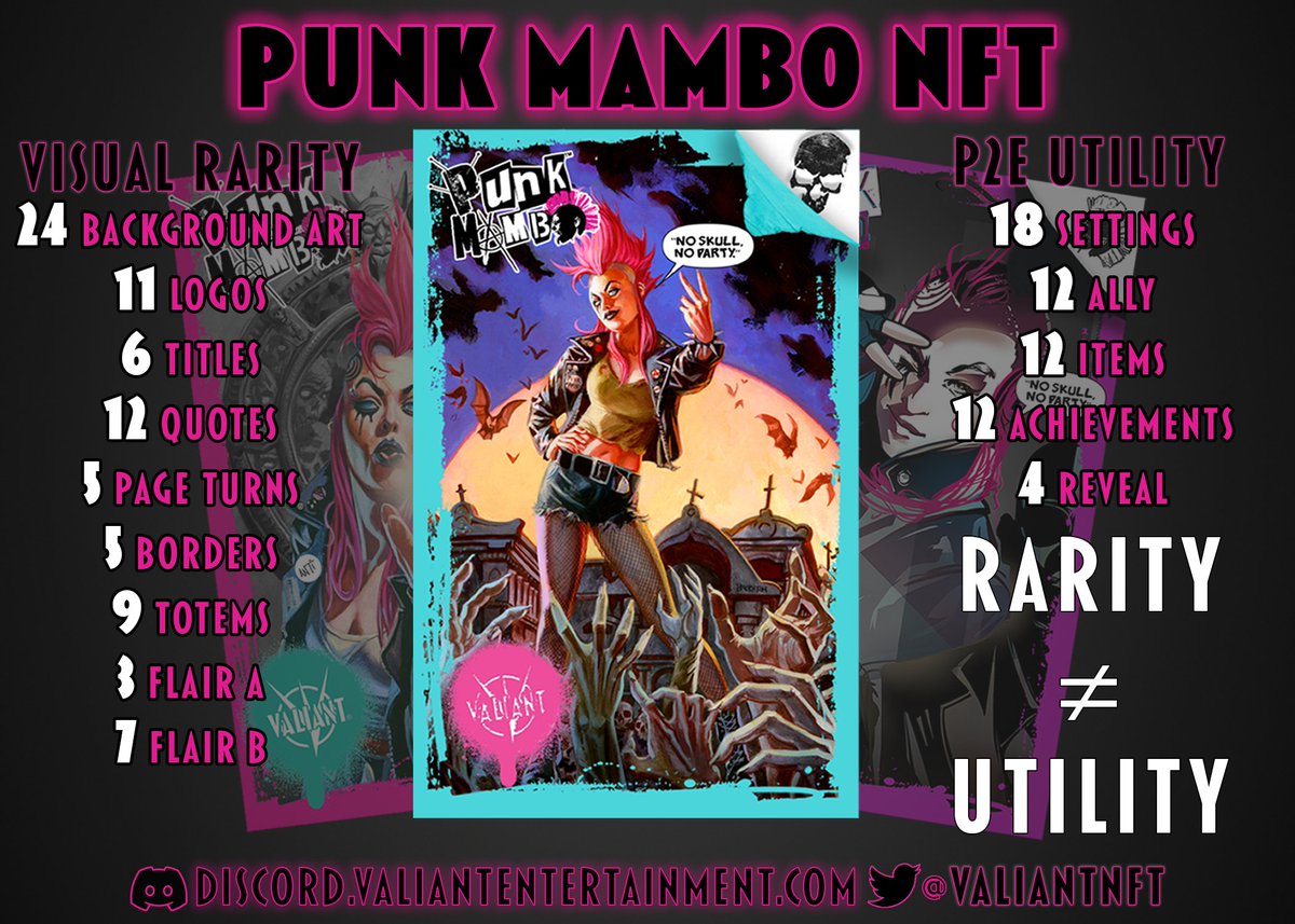 ValiantNFT's tweet photo. PUNK MAMBO NFTs will be revealed on MARCH 23rd! The artwork will show rarities and traits but remember, the visual rarities don't equal utility! There are additional utility traits for each PUNK MAMBO NFT that will give you powerful opportunities in the upcoming P2E game! https://t.co/ROiqMUmfVS