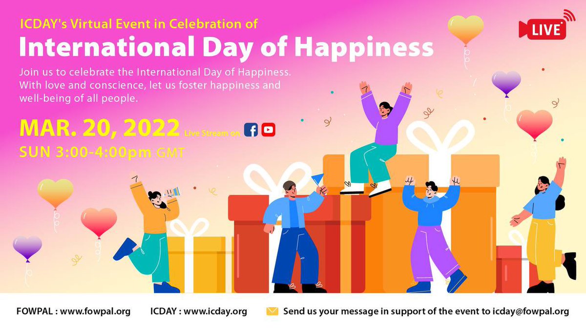 icday2020's tweet photo. 😁😊☺️🙃😍😀😄😁😆☺️😊
Join us in celebrating International Day of #Happiness on March 20. With love and #Conscience, let us foster happiness and well-being for all people.

🗓 March 20, 2022
🕒 SUN 3:00 - 4:30 pm GMT
▶️ https://t.co/2Yoi67jIUo https://t.co/iVT0nWtUR3