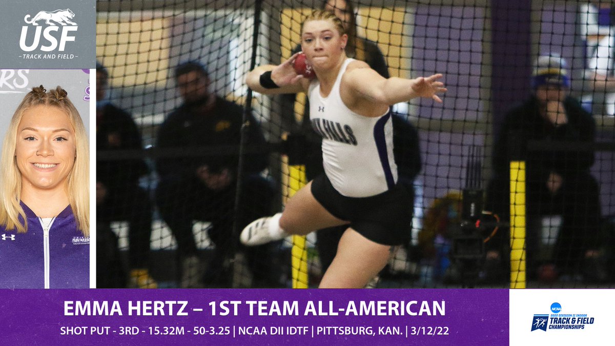 USFCougars_'s tweet photo. FIRST TEAM ALL-AMERICAN -- Emma Hertz of @USFTFCC finishes a career-best 3rd with a throw of 50-3.25 in the shot put to earn her 5th career All-American honor. Hertz earns 3rd 1st Team @NCAADII IDTF All-American honor &amp; scored 6 team points. 

#GoCoo #CooDNA #CongratsEmma https://t.co/oFy7eDHbYB