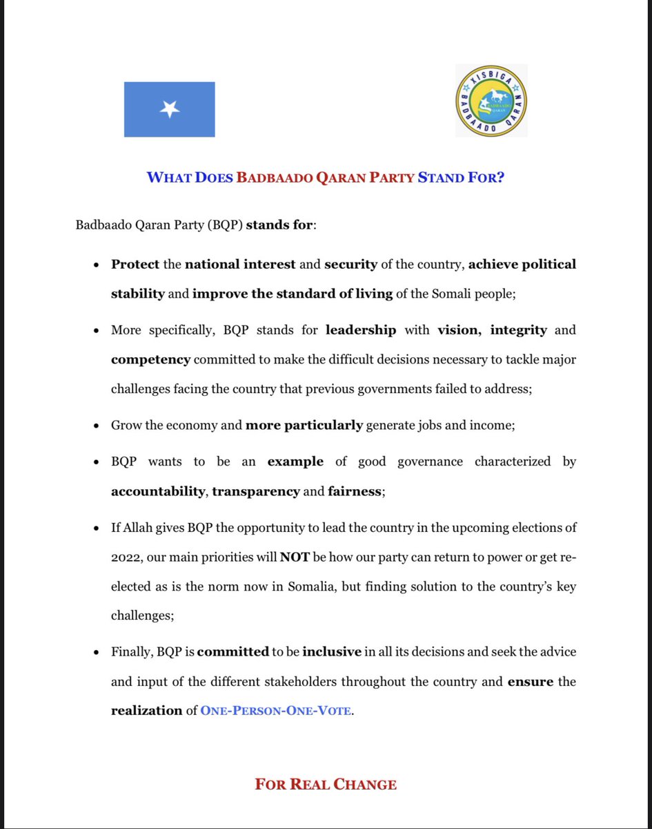 Badbaado_Qaran's tweet photo. What do presidential candidate Dr. Hashi and Badbaado Qaran Party (BQP) stand for? #Somalia #drhashi2021 #ForRealChange https://t.co/OpFXkap301