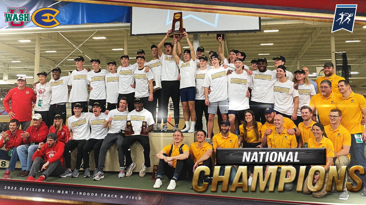 NCAADIII's tweet photo. Congratulations to Washington University in St. Louis &amp; University of Wisconsin-Eau Claire! The 2022 #NCAAD3 Men's Indoor Track &amp; Field Co-National Champions! @WASHUBears @UWECblugolds #d3tf #Champs 🏆 https://t.co/W6szdB6sUn