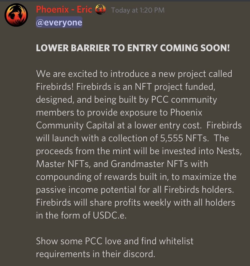 FollowPhoenix's tweet photo. ⚡️Lower barrier to entry for @phoenix_fi coming soon!
#PhoenixCommunityCapital is introducing a new NFT project called FIREBIRDS which is funded, designed, and built by #PCC community members! More details available soon.
Join the Firebirds discord below
https://t.co/0C5o0IEcXm https://t.co/BbcvZe36h5