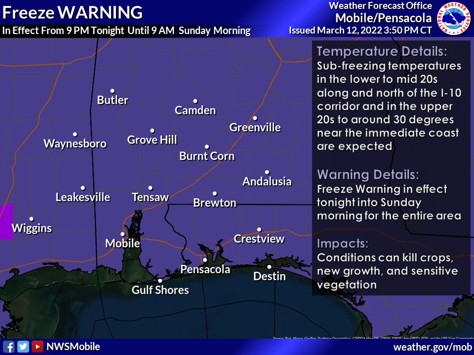 🥶A Freeze Warning remains in effect from 9pm tonight thru Sunday morning across the entire area. Temps will plummet into the lower 20s inland with upper 20s to around 30° along the coast! Be sure to take extra precaution as conditions can kill crops &amp; sensitive vegetation.