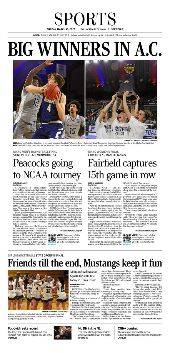 ChasPlainview's tweet photo. A peek at your @ThePressofAC Sunday sports.
Hππps aplenty!
And @ACPressMcGarry with another double-double (2 of the 3 stories)
#MAACHoops #maAChoops22 @MAACSports
@BoardwalkHall @ACPressMulranen @acpresslea
And @MainlandGBBall plays for state title Sunday!
@APSE_sportmedia https://t.co/zioUtaUeoK