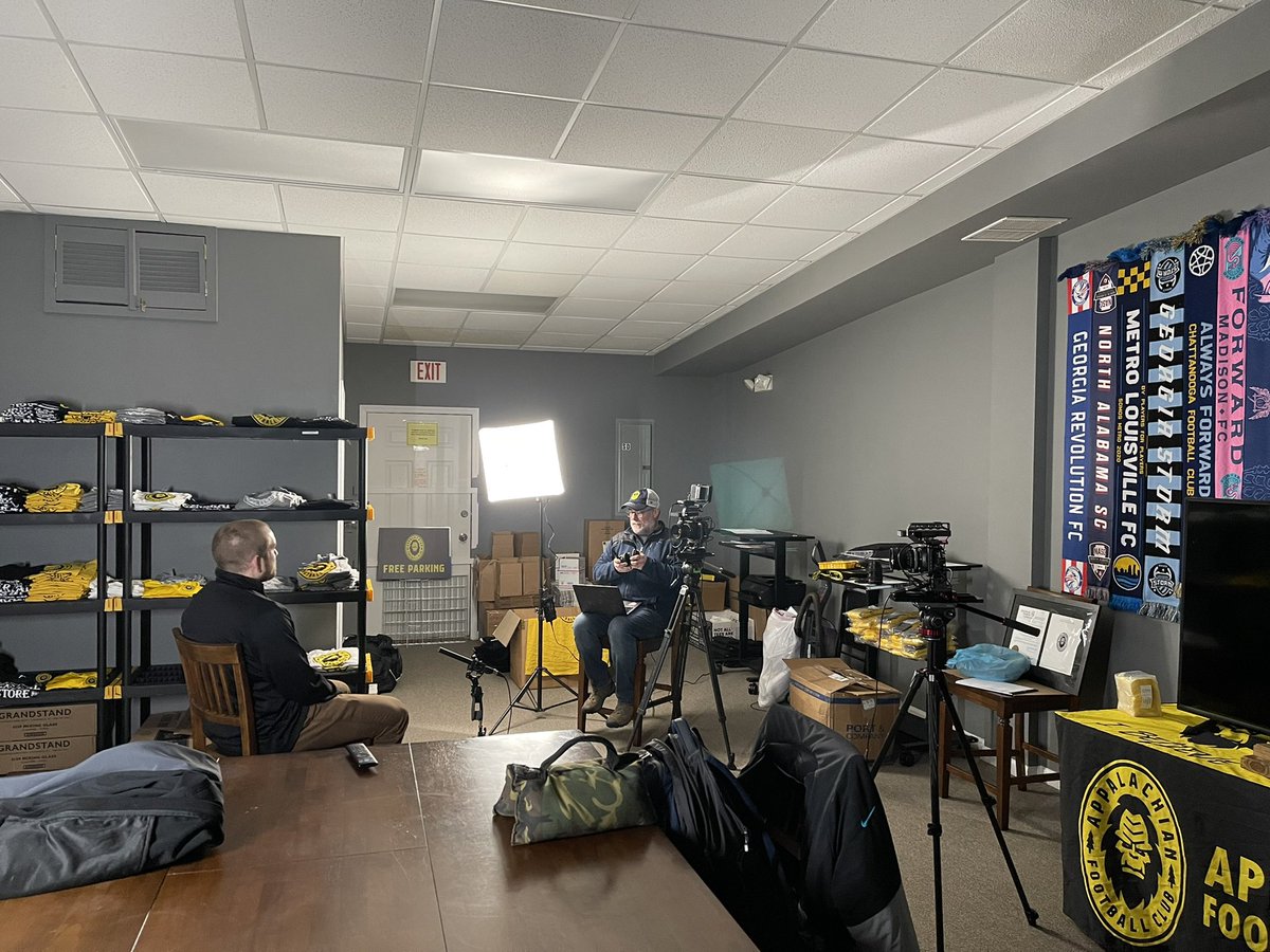 AppalachianFc's tweet photo. App FC Front Office being interviewed by Documentary Crew in town to produce a Sizzle Reel to pitch to TV Network. If pilot is well received, there’s a chance that Appalachian FC may have a Reality TV Show. Now, that would be one Squatchy TV Show. Would you watch it? 💛🖤🎥📺 https://t.co/4wUJVACtRm