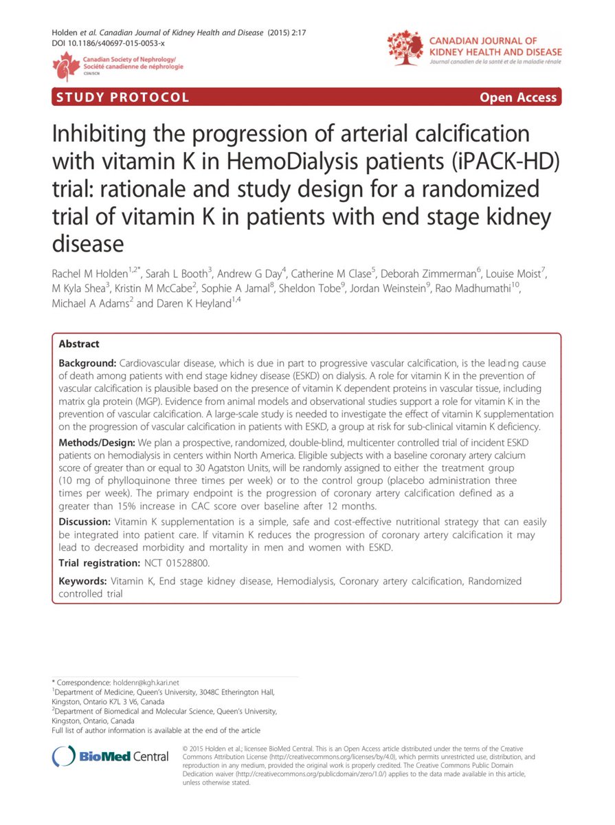 @HecmagsMD iPACK-HD: Inhibiting the progression of arterial calcification with vitamin K in HemoDialysis patients rationale and study design for a randomized trial of vitamin K in patients with ESKD ca. 2015 #Nephpearls 

👉🏼 cjkhd.biomedcentral.com/articles/10.11…