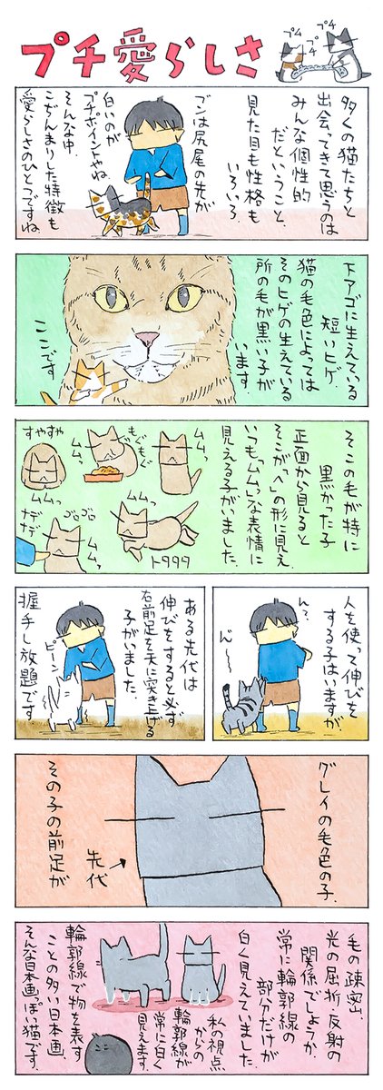 「プチプチ話」
ときめくプチポイント。
生まれつきの特徴だったり、
自身で身につけた仕草だったり。
細かな部分にもその子がぎっしり。
(久保智昭さんの「猫色スケッチブック」)つづきはこちら⇒https://t.co/TrJuskcRbS 