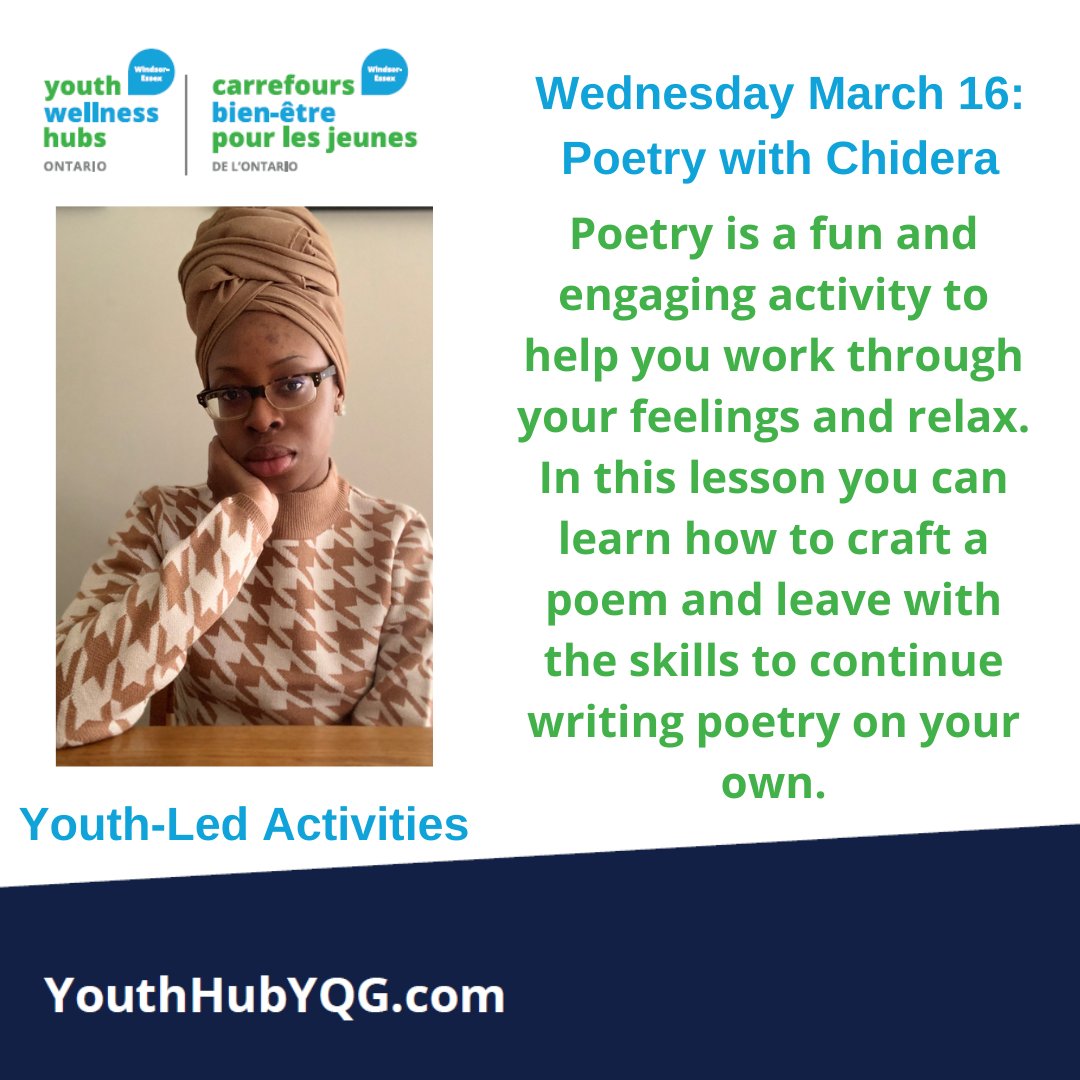 youthhubyqg's tweet photo. Youth aged 12-25 can stop by and learn everything from cooking to using poetry to support their mental health. Take part in youth wellness 101 sessions. #YWHO https://t.co/h6jpMdPYvv
