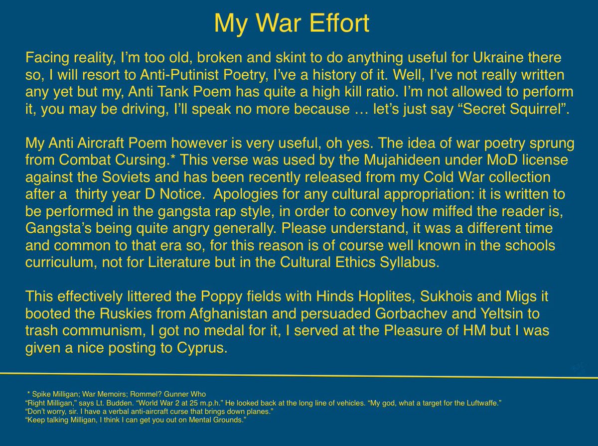 BillC373's tweet photo. WOULD LENDING UKRAINE OUR WAR POETS BE SEEN AS AN ESCALATION?
Please, if you take the time to read the texts below … ENSURE:
1. You are not on an aeroplane or helicopter.
2. That the visible Airspace Around You is Clear.
#WarPoets #WriteForUkraine #StandWithUkraine https://t.co/ebt3jQeW4b