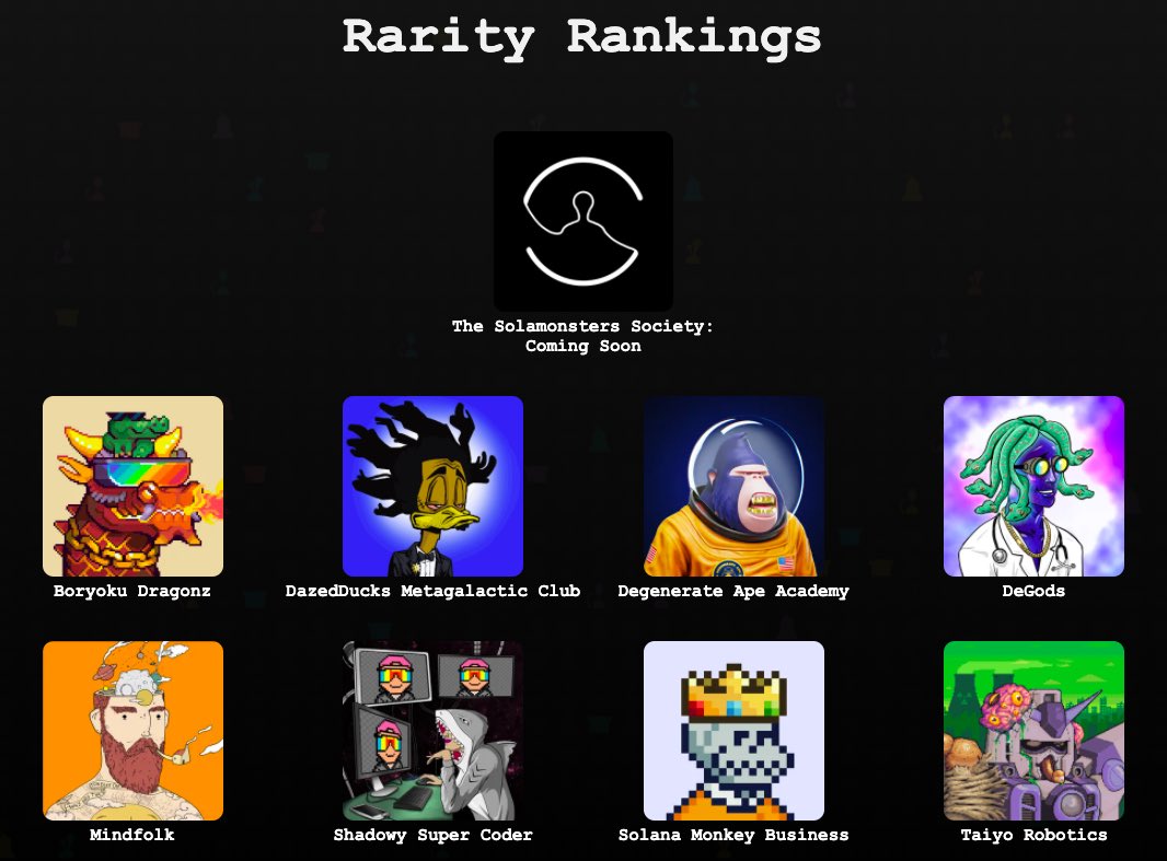 We’ve added some more projects to our rarity tool: <a href="/DazedDucks/">Dazed Ducks</a>, <a href="/DeGodsNFT/">DeGods</a>, <a href="/mindfolkART/">Mindfølk+</a>, &amp; <a href="/TaiyoRobotics/">Taiyo Robotics《TYR》</a>! Check it out at solamonsters.com/rarity🔥

#SolanaNFTs #NFT