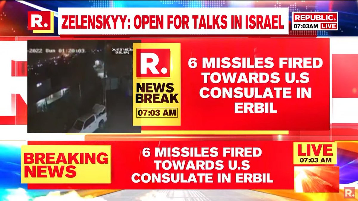 republic's tweet photo. #BREAKING | 6 missiles fired at US consulate in Iraq's northern city of Irbil, with several missiles hitting the building; no casualties reported so far

Tune in to catch #LIVE updates here - https://t.co/5PX6IkHJjq https://t.co/RF15FtWL6V