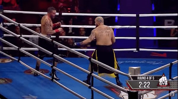 bkbbareknuckle's tweet photo. After exchanging knockdowns in the 4th, “Warrior of God” Gabriel Freyre walks away with the UD over Nathan “King Cong” Arriaga to keep his bareknuckle record a perfect 2-0.
#BYB9 https://t.co/koYy76qjjg