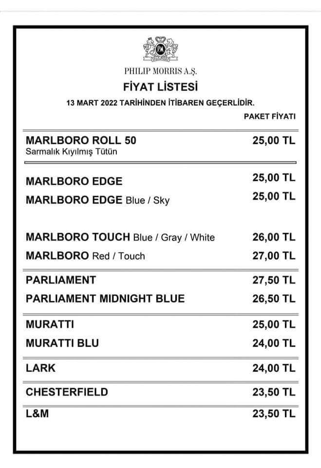 Philip morris marlboro grubu yeni fiyat listesi