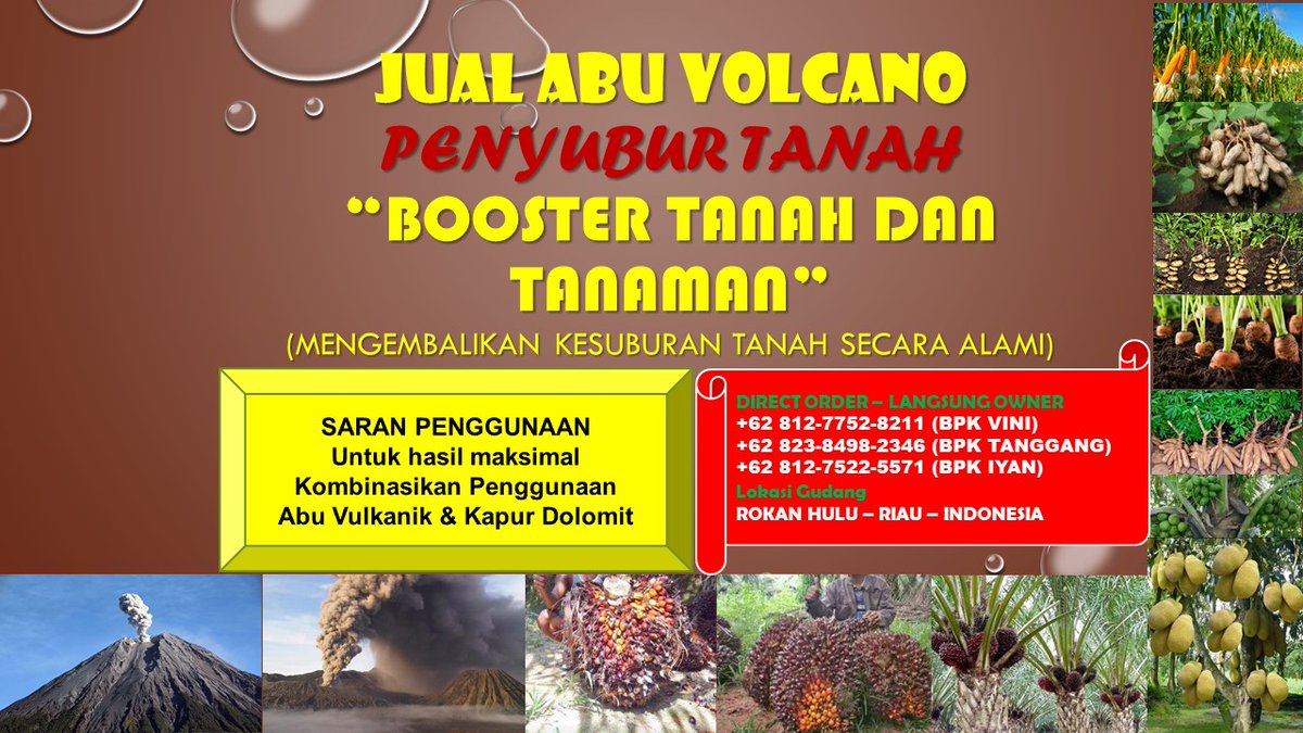 0812-7752-8211 Pusat Pengolahan Pupuk Sawit Abu Vulcanik (Pembenah Tanah ASLI) di Rokan Hulu Riau 
 pembenah-tanahasli.blogspot.com

#rohul, #rokanhulu, #riau, #pupuksawit, #pembenahtanah, #pembenahtanahsawit, #jualabuvulkanik, #abuvolcano, #abuvulkanik, #rabuk, #pupuk,  #pupukorganik,