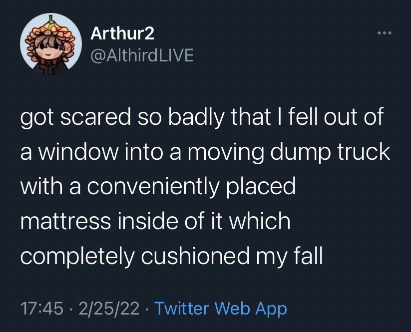 ArthirdQuotes's tweet photo. #arthird : got scared so badly that I fell out of a window into a moving dump truck with a conveniently placed mattress inside of it which completely cushioned my fall 

#arthirdquotes https://t.co/FduaDMkfb6