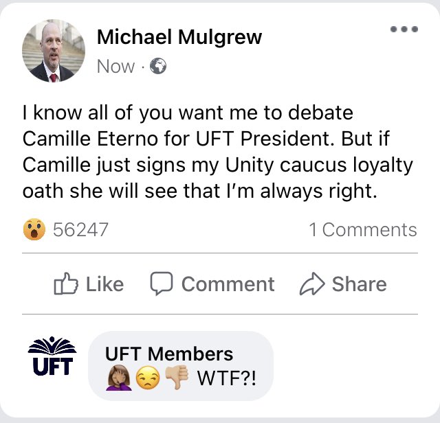 UniUFT's tweet photo. Mulgrew’s response to the calls to debate Camille Eterno.

This is how we roll. Like bosses. https://t.co/fgEXcDfHXp