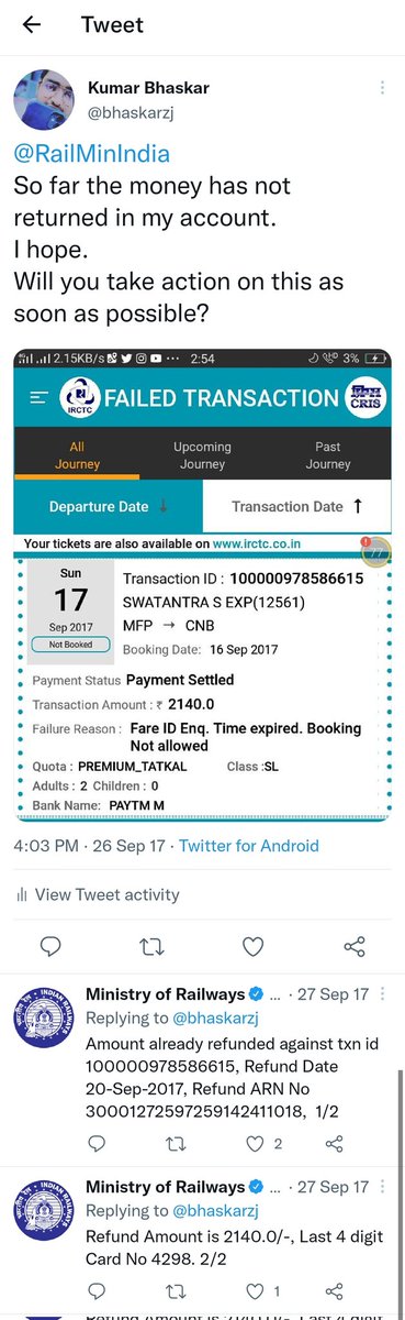 bhaskarzj's tweet photo. @RBI 
@BankofIndia_IN 
@RailMinIndia 
The money deducted in my account has been refunded by Indian Railways.
But the amount deducted by Bank of India has not yet been received in my account. 
Txn id 100000978586615,
Refund Date 20-Sep-2017, Refund ARN No 30001272597259142411018, https://t.co/B0r4ALaK5n