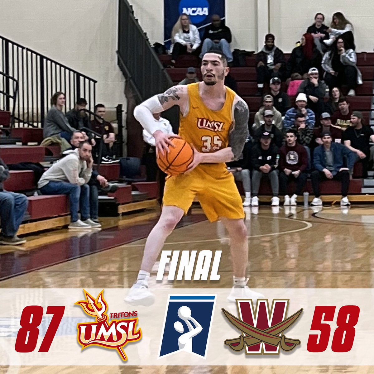UMSLAthletics's tweet photo. On to the Regional Championship!

#5 @UMSLMBB - 87
#1 Walsh - 58

Grubbs - 19 pts
Rose Jr. - 18 pts, 12 reb
Jackson - 12 pts
Wissink - 11 pts

UMSL plays Hillsdale in the Midwest Region Championship on Monday!

#GLVCmbb https://t.co/F6Md7R73uZ