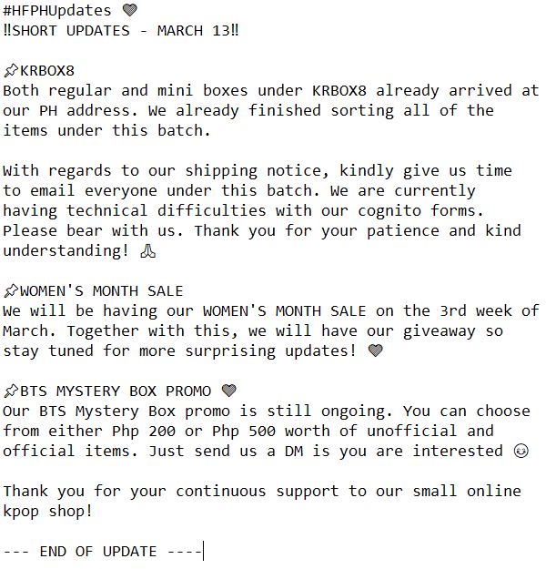 HallyuFinePH's tweet photo. #HFPHUpdates 💜
‼️SHORT UPDATES - MARCH 13‼️
Please take time to read our short thread of updates for this week. Always stay safe everyone! 🤗🌷 https://t.co/RyEBJKSjsT